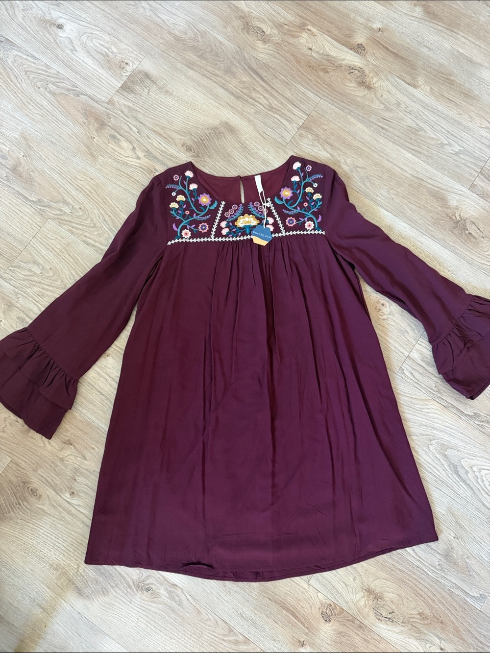 Women’s  Embroidered Burgundy Bell-Sleeve Dress